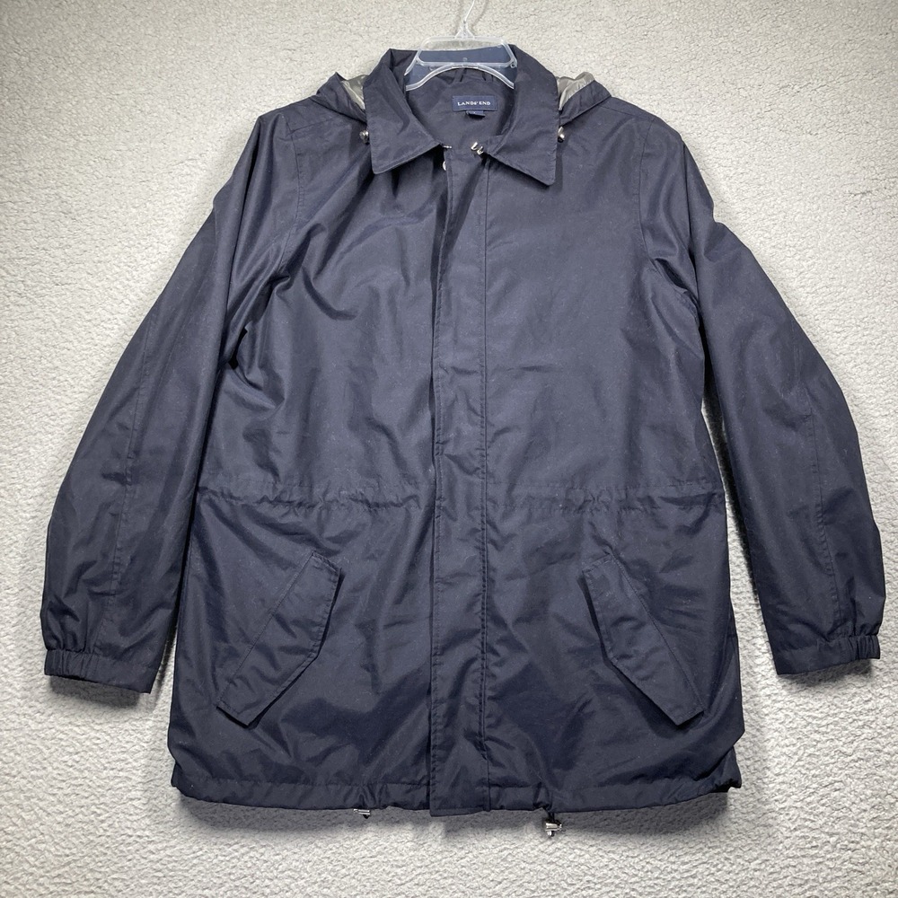 Lands' End Jacket Mens Large 42-44 Navy Blue Hooded Lightweight Full Zip Pockets